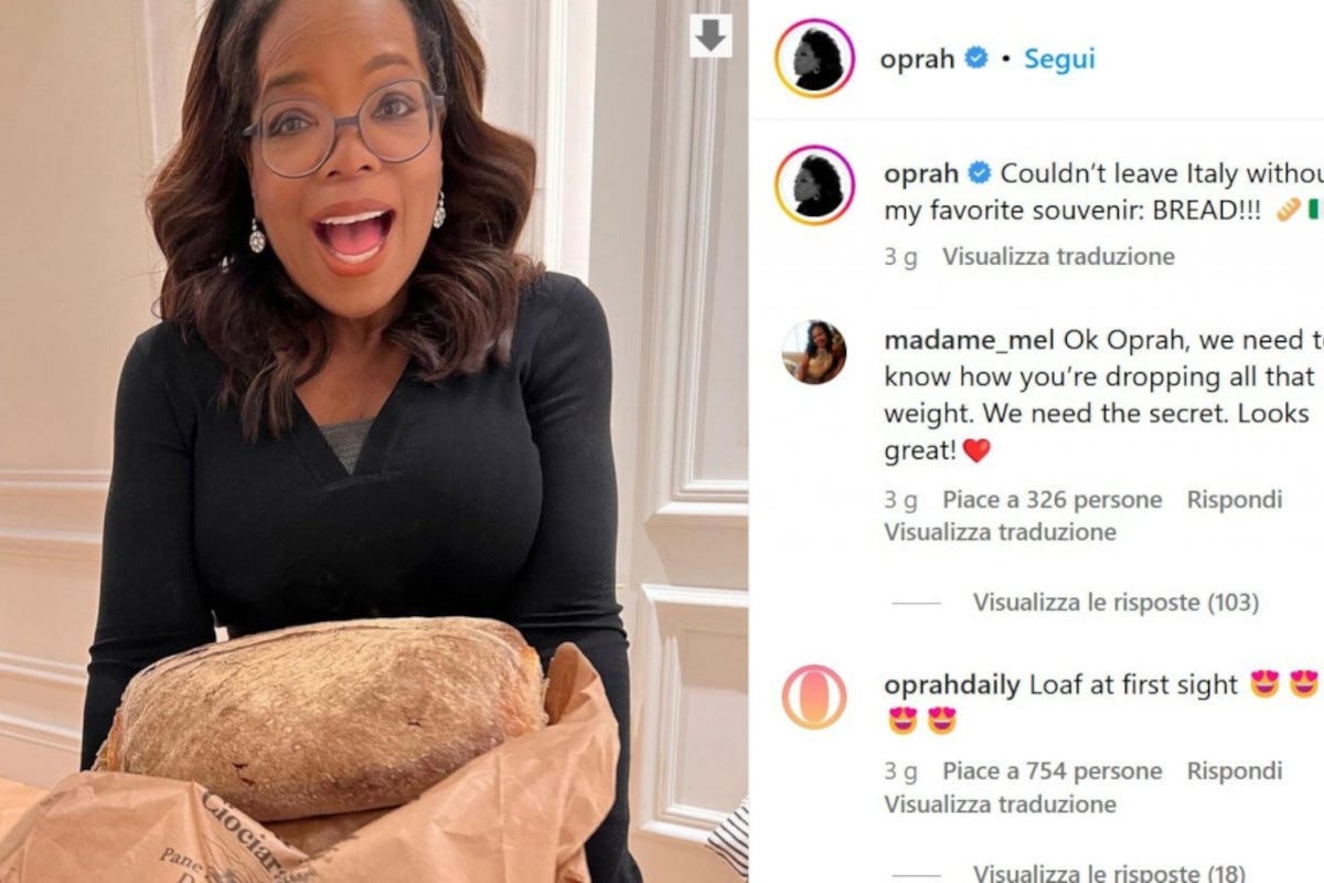 Il post di Oprah Winfrey in cui mostra il pane dell’Antica Forneria Ciociara di Torre Cajetani Il pane italiano strega anche Oprah Winfrey ma in Italia rischiamo di perderlo