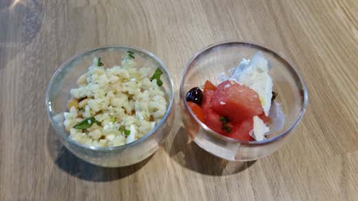 Bulgur con ceci, feta, sedano verde, pinoli e menta; Insalata di anguria, con pomodoro pachino, olive taggiasche, ricotta salata Bulgur con ceci, feta, sedano verde, pinoli e menta; Insalata di anguria, con pomodoro pachino, olive taggiasche, ricotta salata