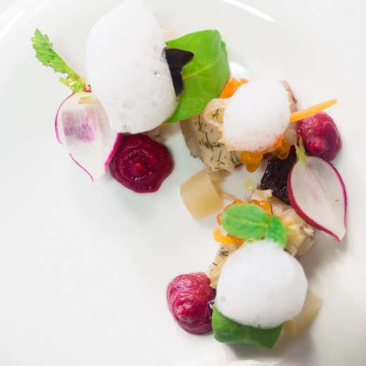 Salmerino alpino in carpione leggero alle mele, rafano, rape rosse