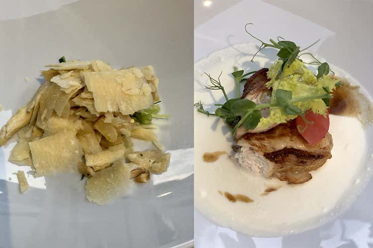 Funghi, puntarelle e Grana Padano e Coniglio con formaggio di capra - Cena di mezza estate in monastero Facen e Cavour deliziano Astino