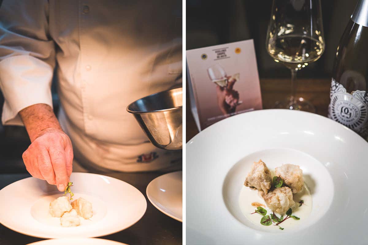 Bocconcino di pescato d’altura impanato, fonduta di Grana Padano DOP oltre 20 mesi Il pesce sposa le eccellenze lombarde alla Trattoria La Barca