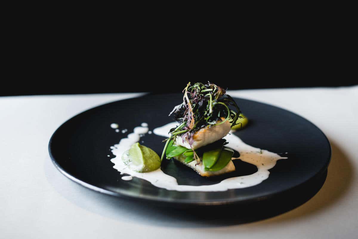 Rombo chiodato cotto nel burro di nocciola e lime, purea di piselli e taccole di Luca Nania Aromi, l'alta cucina italiana a Venezia, dove la laguna ispira i piatti