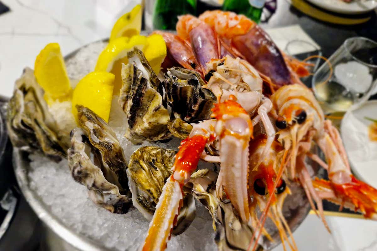 Plateau di crudi: gambero viola di Crotone, scampo imperiale, gambero gobbetto, ostrica cocollos