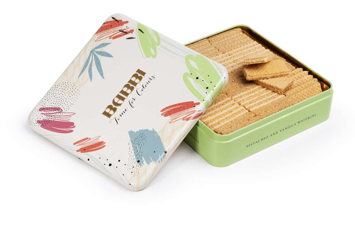 Waferini Pistacchio e Vaniglia in latta elegante, perfetti per chi desidera un dolce raffinato