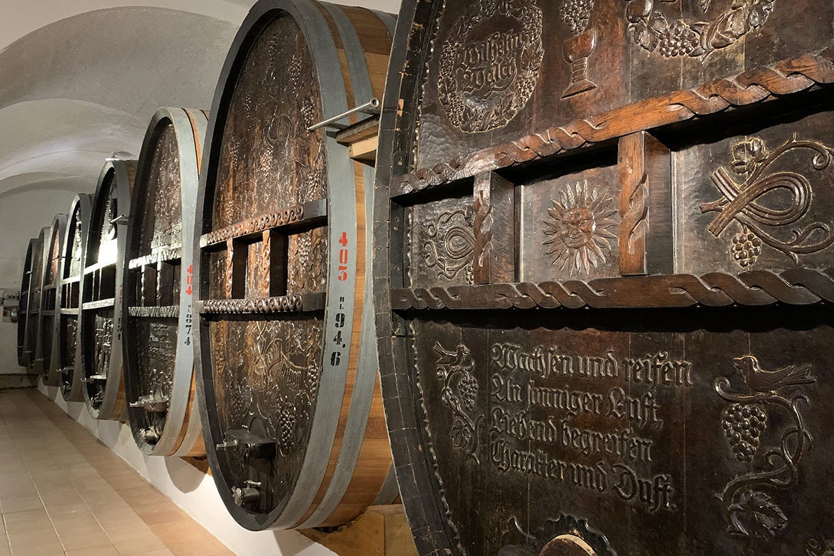 Historic and festive barrels in the Tramin Alto Adige cellar: the matriarchy of Casa Walch