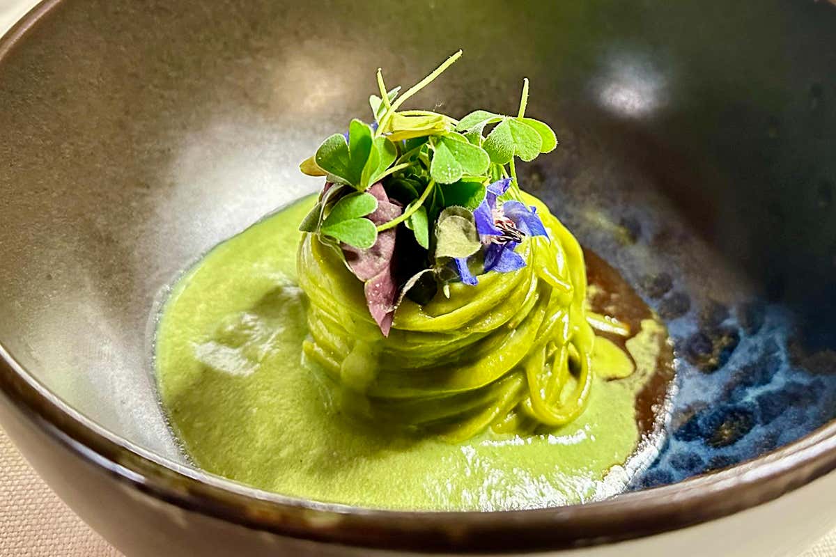 “Ricordo in Comune”, uno spaghetto montato con clorofilla di erbe spontanee e un pesto di acetosa