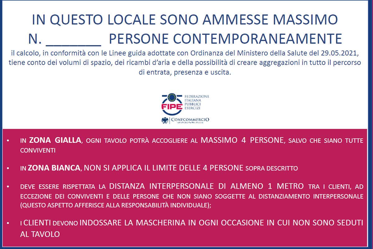 Il cartello da esporre con l'indicazione del numero di clienti massimo che può accedere al locale Ristoranti e bar riaprono all'interno Ecco tutte le regole da seguire