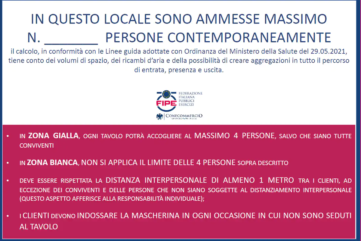Il cartello da esporre con l'indicazione del numero di clienti massimo che pu&ograve; accedere al locale Ristoranti e bar riaprono all'interno Ecco tutte le regole da seguire