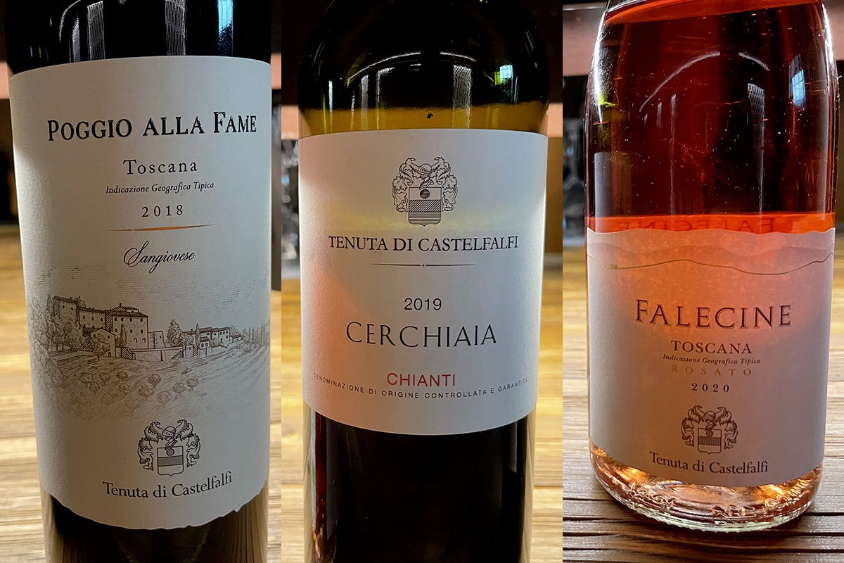 Tre etichette della Cantina Castelfalfi, la Toscana in bottiglia. Vino e olio 100% biologici