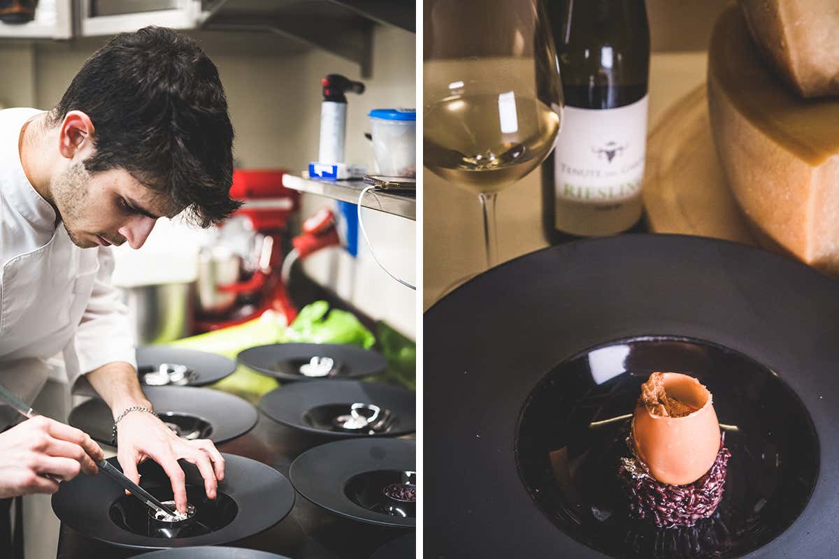 Uovo di cristallo ripieno di morbido albume, Grana Padano Dop oltre 20 mesi e patata, con il suo tuorlo su riso nero, oro e tartufo bianco “Nati per stare insieme” da Tano Passami l’Olio