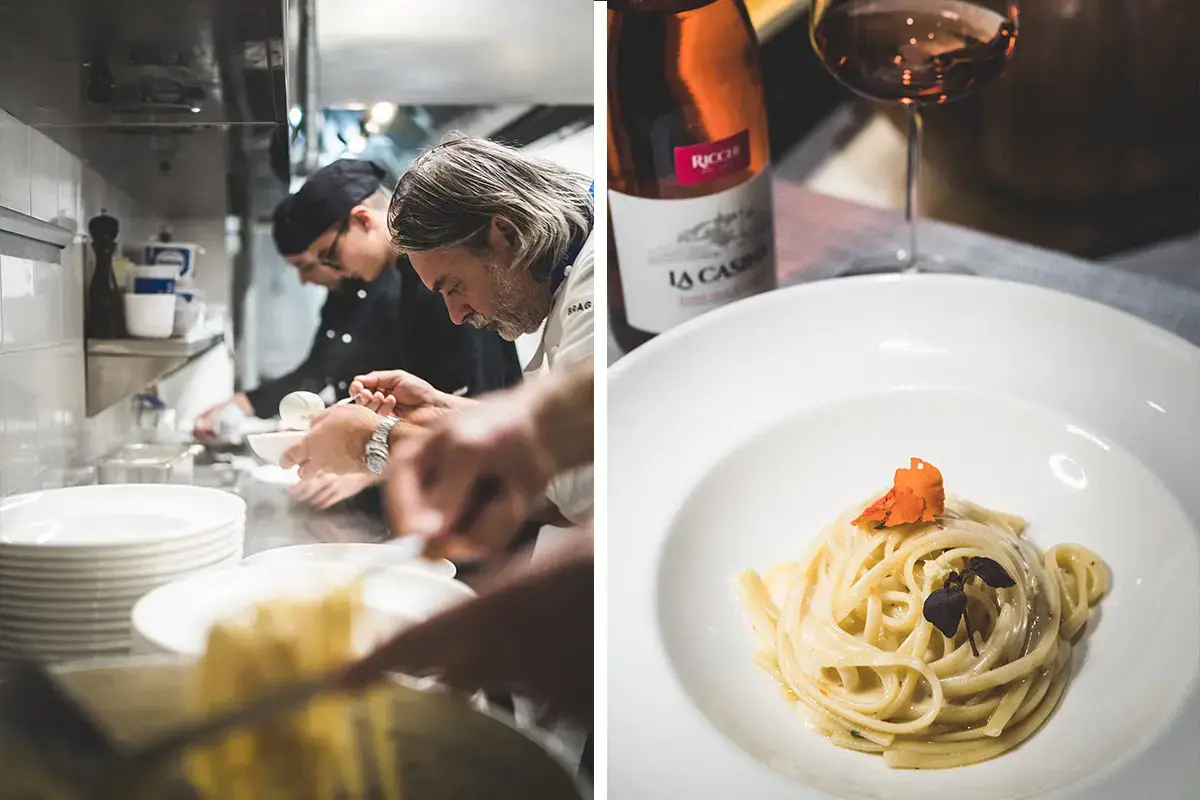 Linguine di Gragnano aglio, olio e peperoncino alla crema di Grana Padano Dop 18 mesi e zenzero “Nati per stare insieme” sul lago al Belvedere di Torno