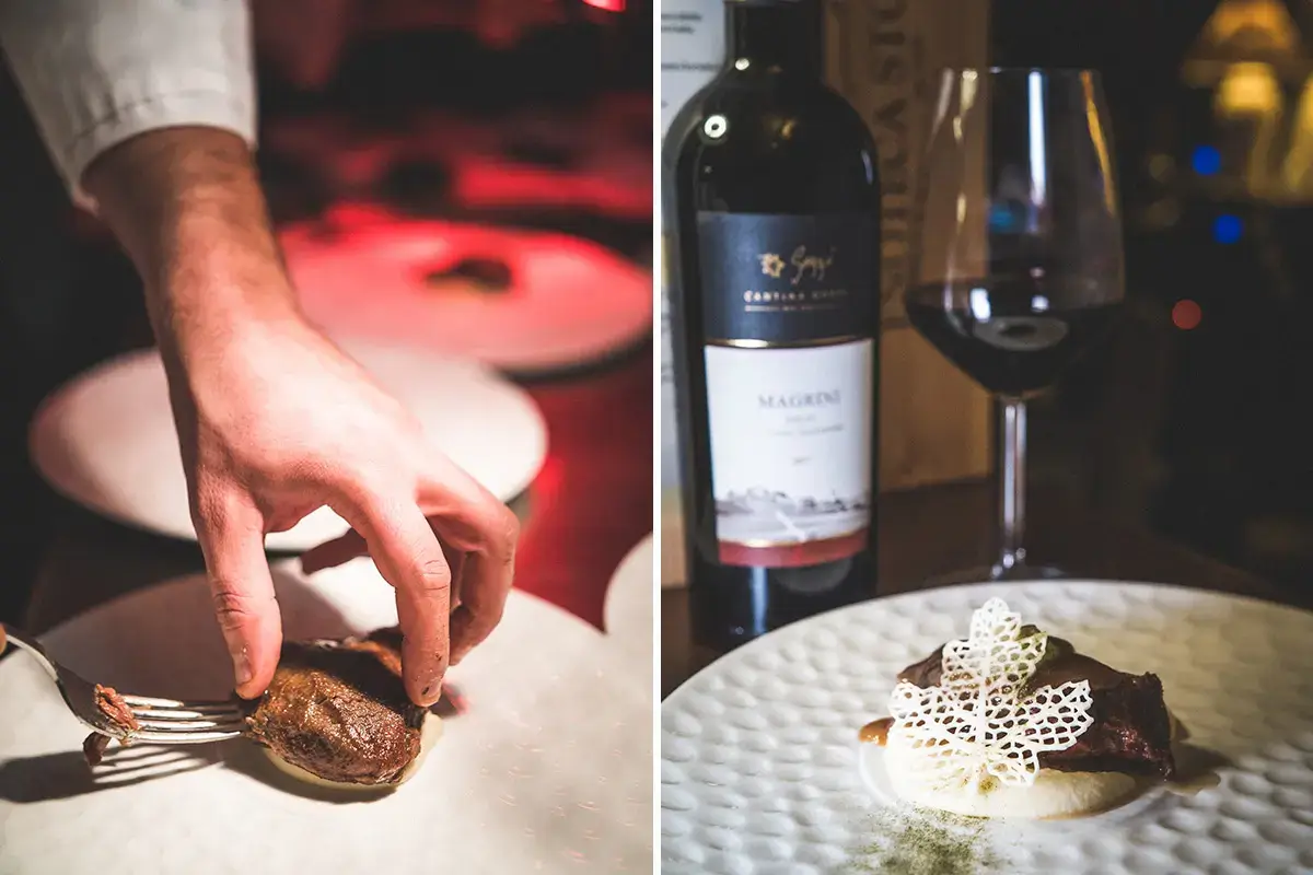 Autunno (guancia di vitello su crema di sedano rapa e Grana Padano Dop 18 mesi, purea di pere caramellate e polvere di spinaci) “Nati per stare insieme” si tinge di Sicilia con Cristian Benvenuto