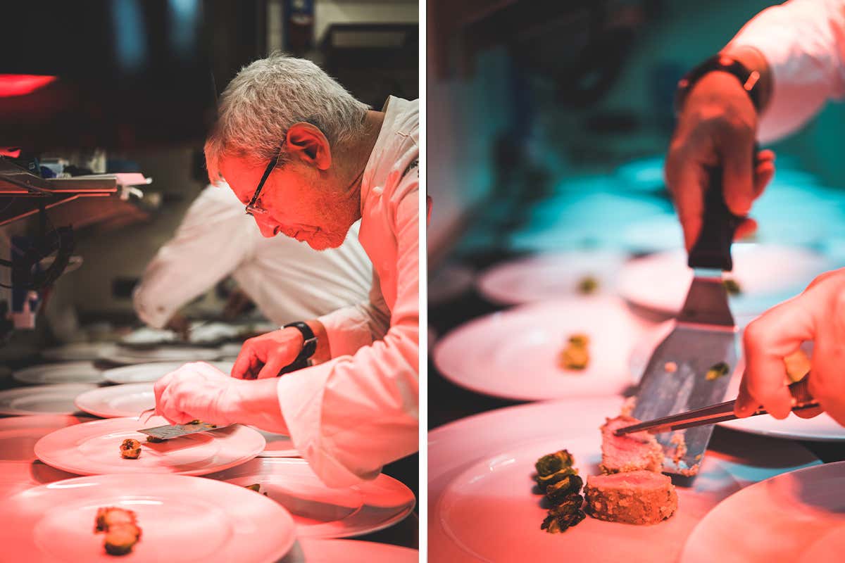 Filetto di maialino Patanegra in crosta di mandorla, laccato al Grana Padano Dop 18 mesi, cavoletti di Bruxelles caramellati “Nati per stare insieme” da Tano Passami l’Olio