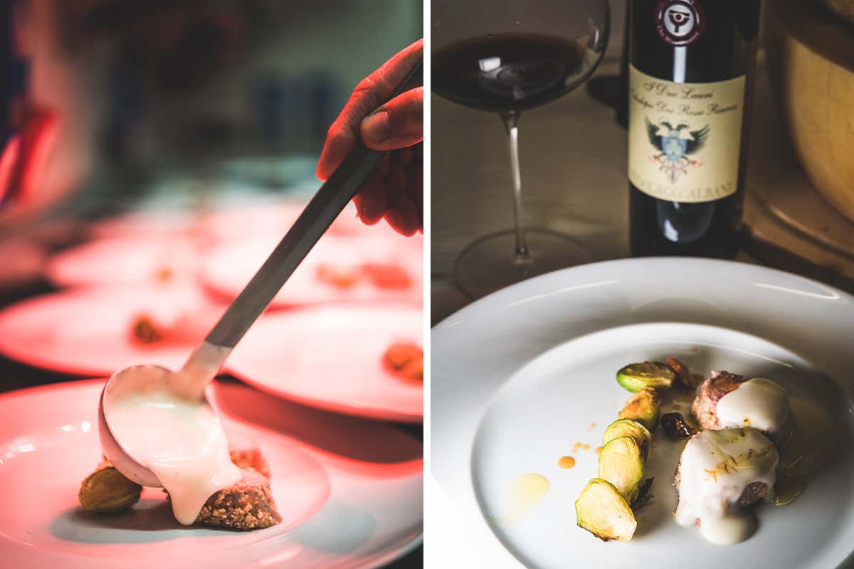 Filetto di maialino Patanegra in crosta di mandorla, laccato al Grana Padano Dop 18 mesi, cavoletti di Bruxelles caramellati “Nati per stare insieme” da Tano Passami l’Olio