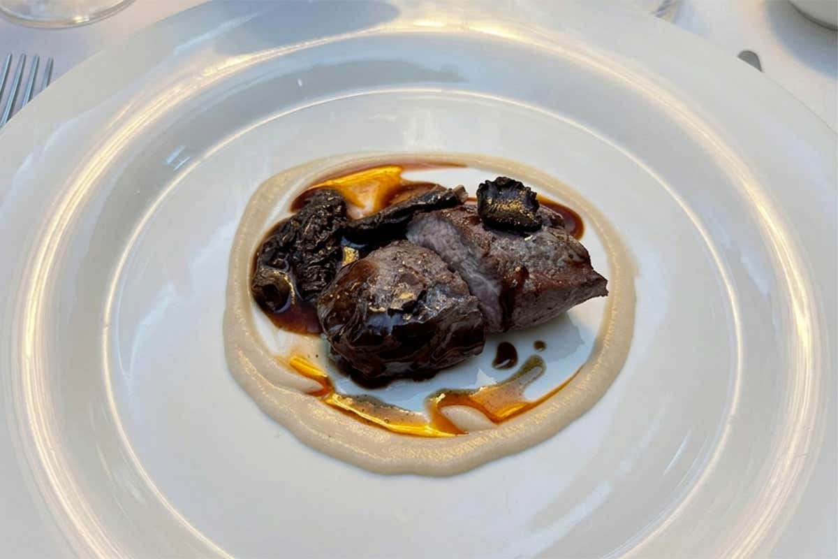 Agnello marinato al fieno e acqua di mare, olio alla paprika dolce affumicata, aglio orsino, sedano rapa e spugnole