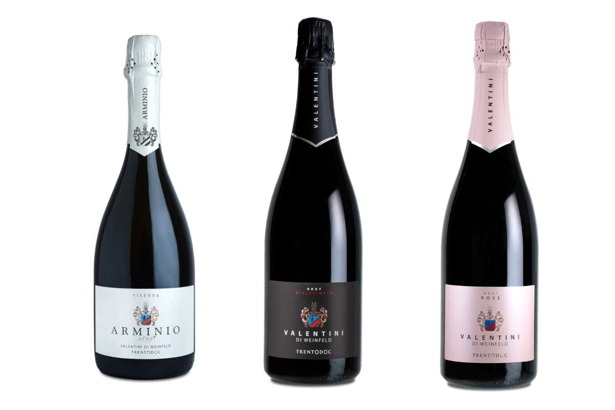 Da sinistra le bottiglie Riserva, Ros&egrave;, Brut Il primo Champagne trentino? &Egrave; firmato Valentini di Weinfeld (1899)