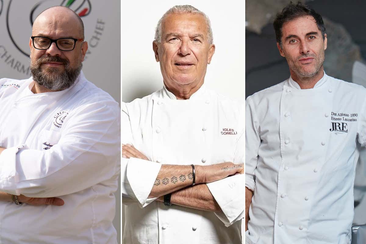 Gli chef Andrea Alfieri, Igles Corelli ed Ernesto Iaccarino