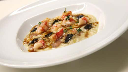 "Risotto con gamberi rossi, nervetti di vitello e polvere di liquirizia" - Riccardo Monco (Enoteca Pinchiorri, Firenze)