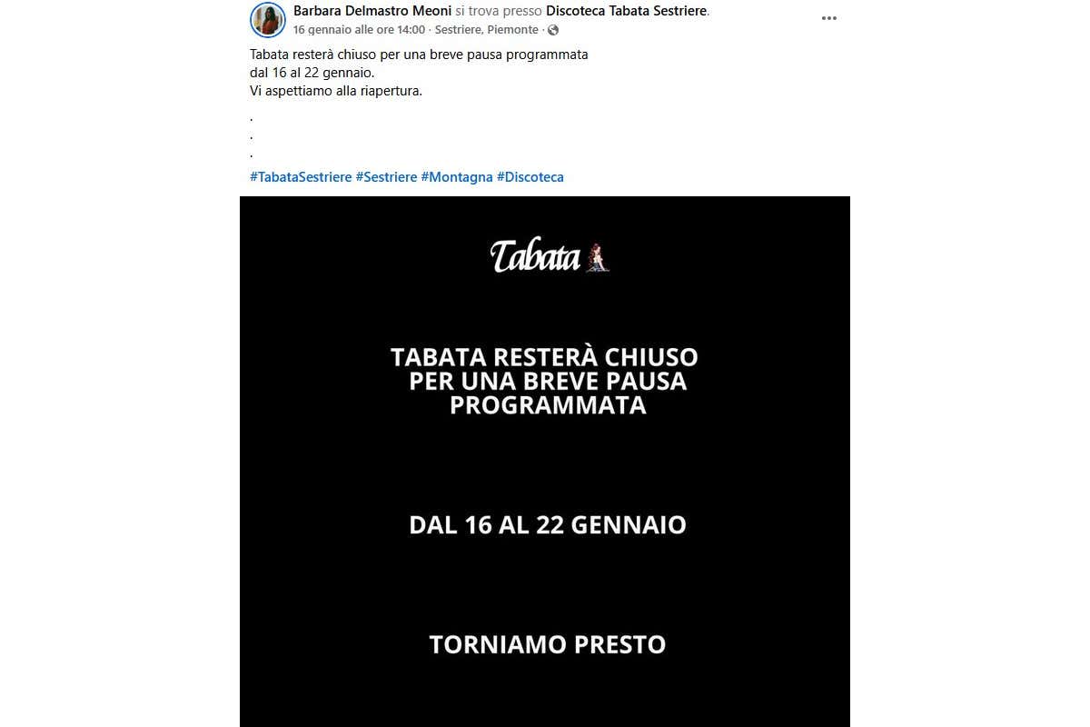 Il post dei gestori del Tabata che annunciano la chiusura come "Breve pausa programmata"