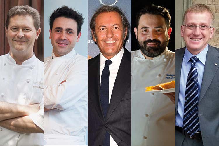 Enrico Cerea, Daniel Canzian, Filippo La Mantia, Giuseppe Martino e Sandro Baldi Contagi e locali, il grido dei cuochi: Riferimenti gravi, non siamo untori Enrico Cerea, Daniel Canzian, Filippo La Mantia, Giuseppe Martino e Sandro Baldi Contagi e locali, il grido dei cuochi: Riferimenti gravi, non siamo untori