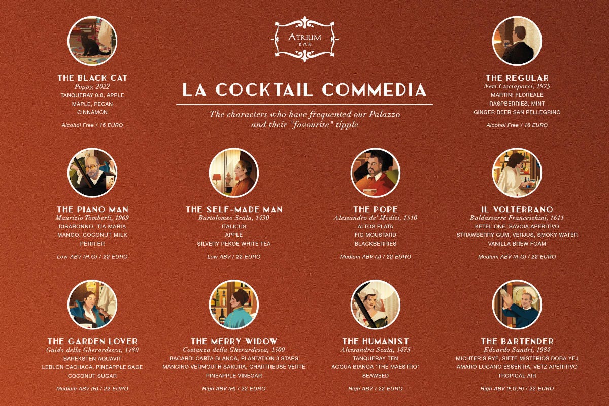 La lista dei drink di Cocktail Commedia dell'Atrium bar di Firenze 