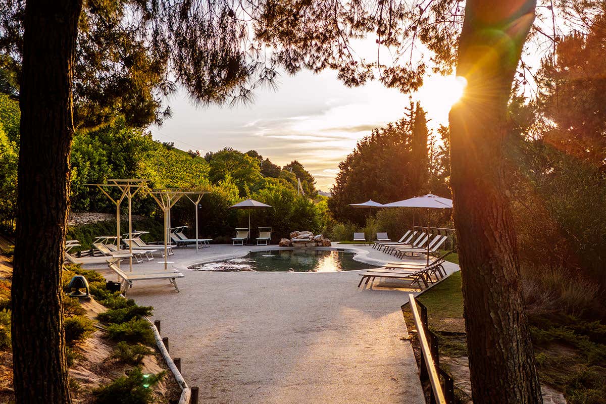 Il biolago d'acqua salata all'ora del tramonto, un'oasi ecologica immersa nel verde ideale per ritrovare l'equilibrio a bordo piscina