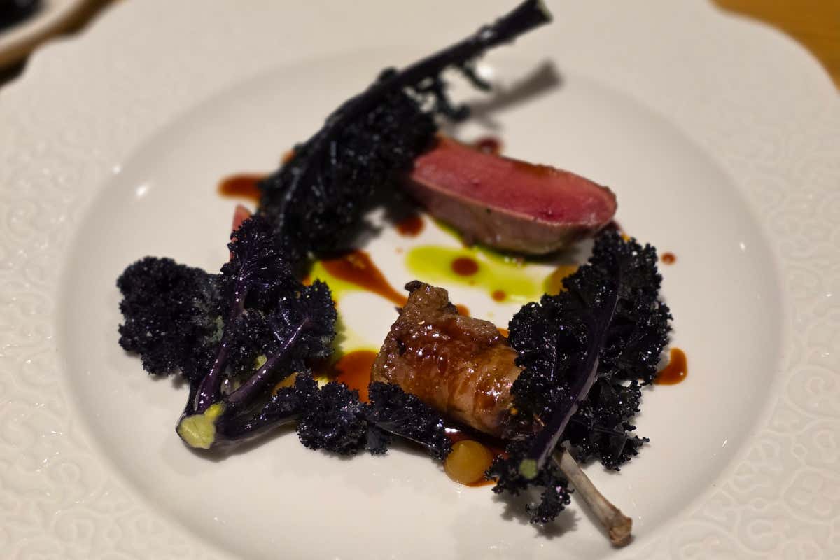 Piccione con contorno di cavolo cappuccio viola, composta di mele, olio al prezzemolo e jus di piccione