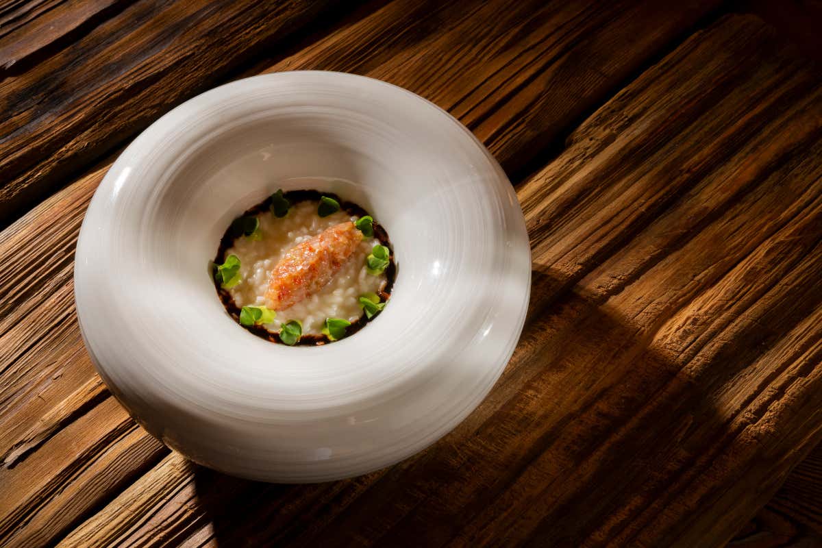 Risotto “Traminer”, Gamberi rossi, bisque, nasturzio