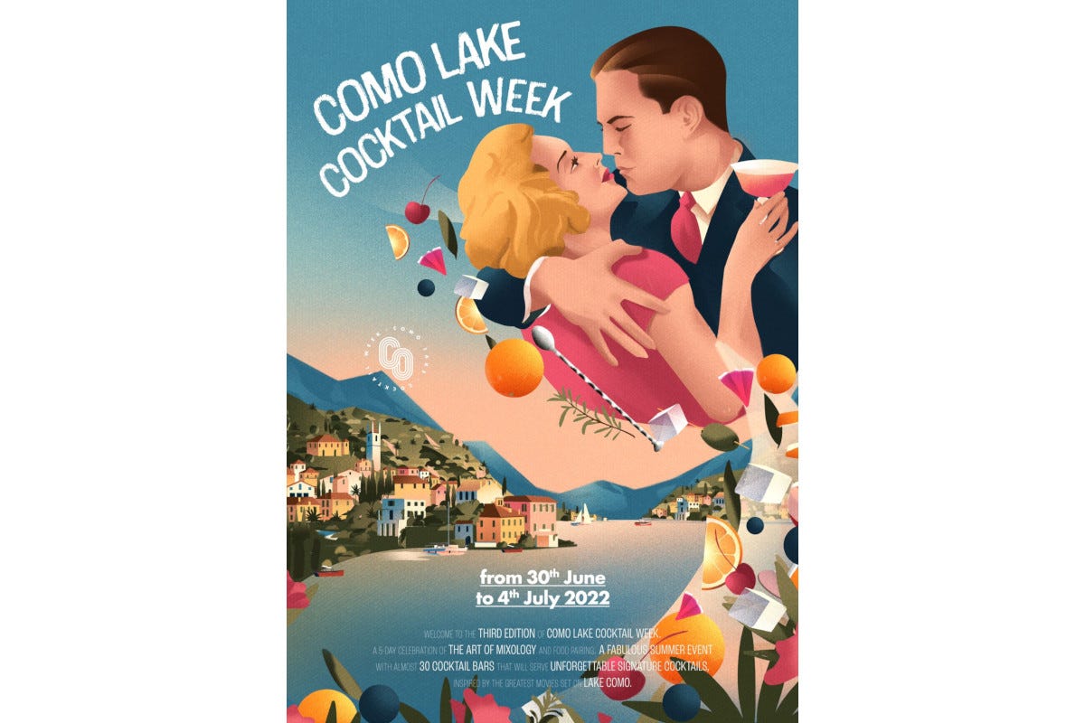 The poster of the Lake Cocktail Week 2022 event: Como turns on the lights on author mixology