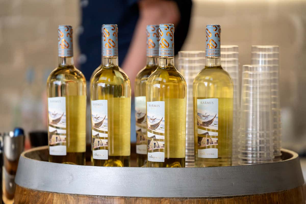 Le bottiglie di Karmis esposte nella sede di Cantina Contini a Cabras in occasione della presentazione ufficiale per il trentennale conti