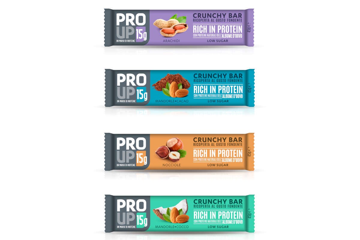 Le Crunchy Bar di ProUp nelle versioni Arachidi, Mandorle+cacao, Nocciole e Mandorle+cocco Eurovo nuova linea di prodotti hi-protein per il marchio ProUp