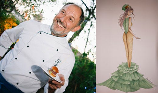 Il "Mini hamburger di filetto di bue con salsa guacamole" di Richard Leimer e il figurino "Gustose ispirazioni" della vincitrice Chiara Cesaraccio.