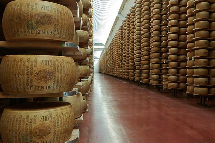 Forme di Parmigiano Reggiano in attesa di entrare sul mercato (Con i dazi Usa al 25%Parmigiano a oltre 45 dollari)