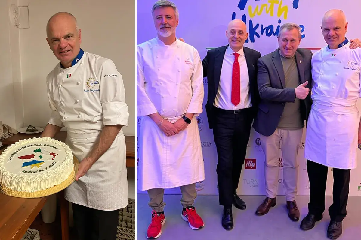 Derflingher con la Torta dell'amicizia e i cuochi con l'ambasciatore e l'ex ministro degli Esteri ucraino Euro-Toques e Fic in Polonia: ai fornelli per aiutare i profughi ucraini