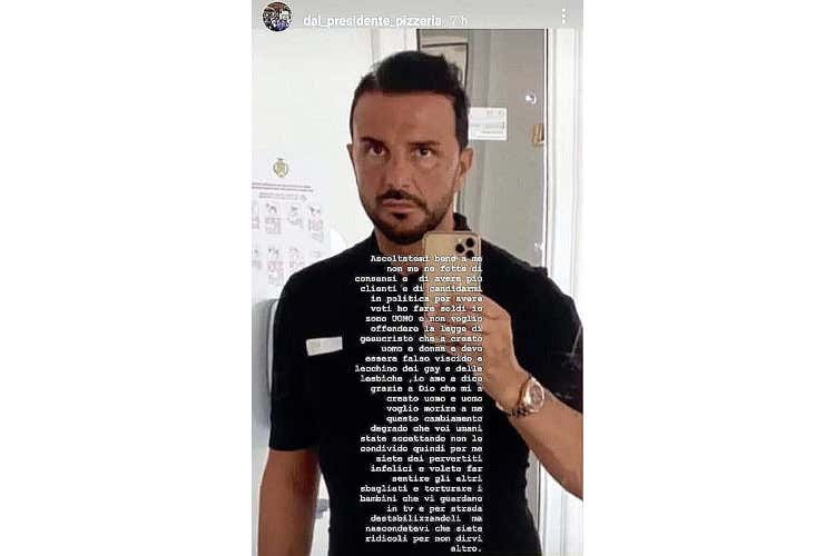 Il post Instagram di Massimo Di Caprio che ha scatenato la polemica&nbsp; Insulti omofobi su Instagram, nella bufera la pizzeria Dal Presidente