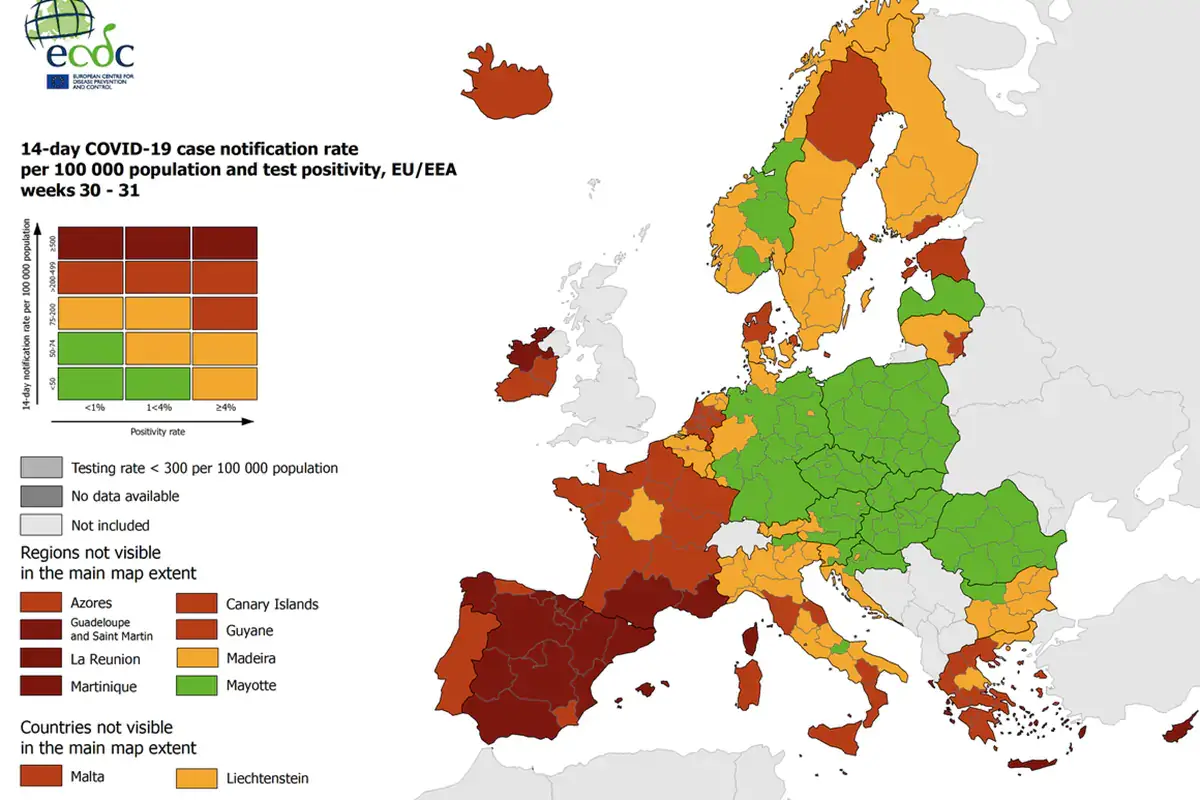 La mappa aggiornata dell'Ecdc Nessun cambio di colore fino a Ferragosto, ma 5 Regioni in rosso nella mappa Ue