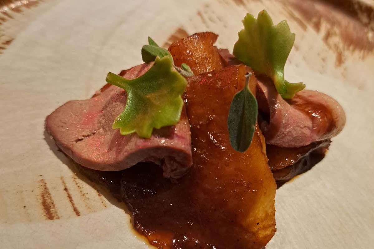 Fegato di ombrina, con erbe aromatiche e fondo vegetale