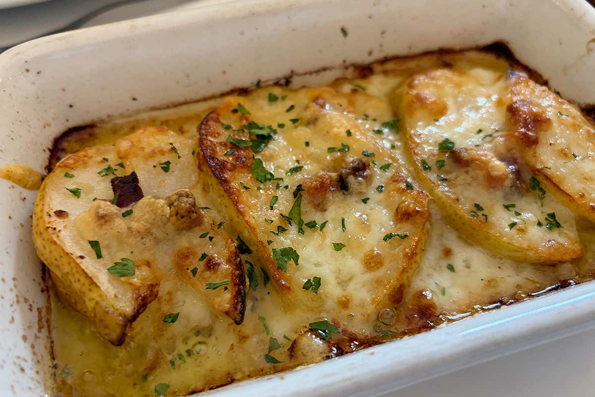 Pere, pecorino e pancetta al forno