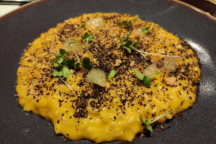 Risotto alla zucca, amaretto, mostrada di melone bianco e caff&egrave; (Eugenio Boer, il cuocoche fa la spesa col pick-up)