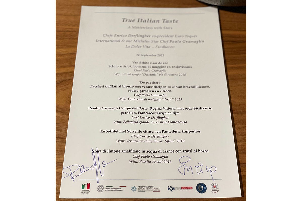 Il menu dell'evento La cucina italiana piace agli olandesi: successo per l’evento firmato Euro-Toques