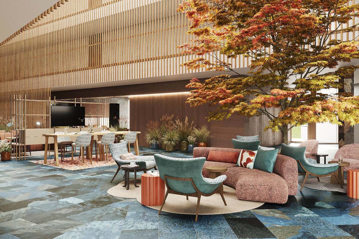 Il rendering della nuova hall del Falkensteiner Hotel & Carinzia Falkensteiner