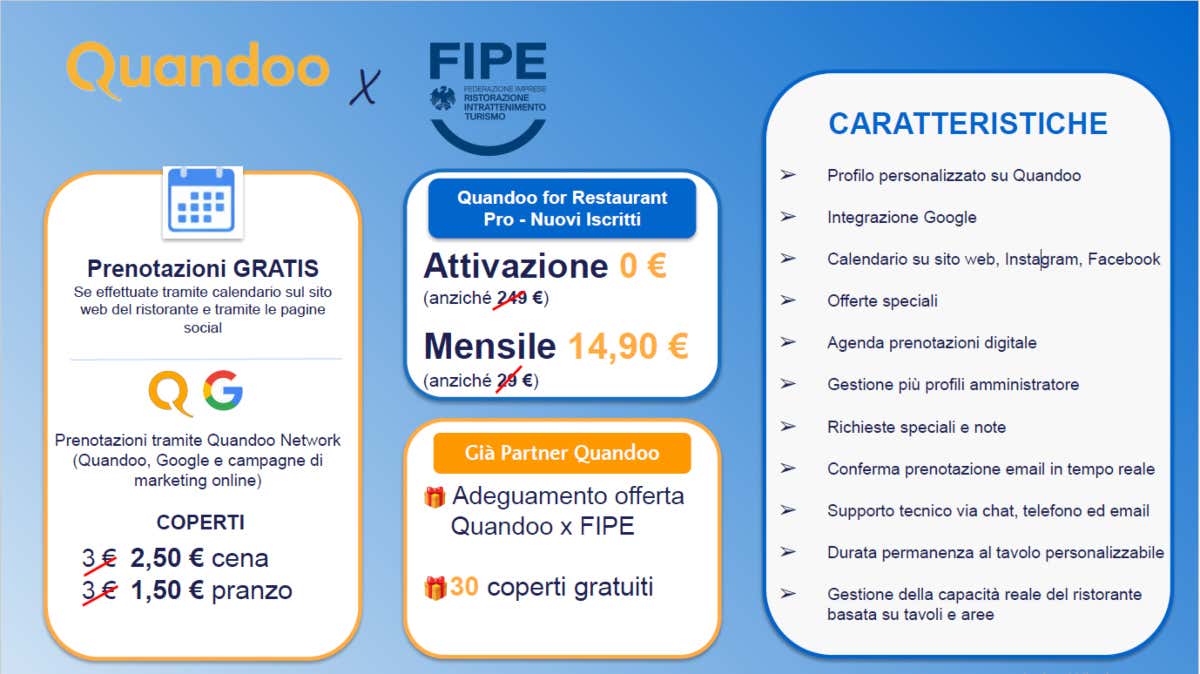 Prenotazioni digitali nei ristoranti, Fipe sigla un’intesa con Quandoo