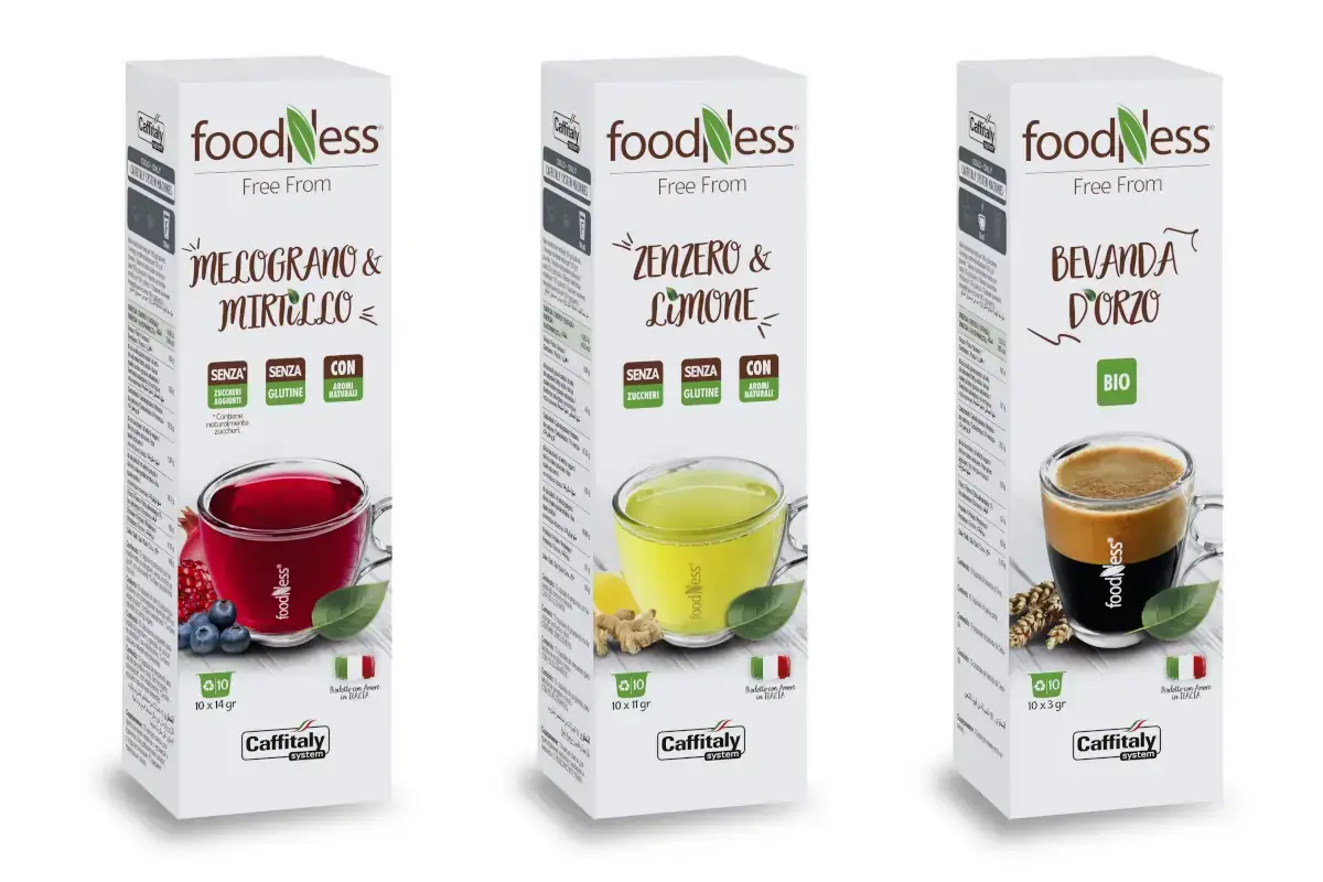 i gusti Melograno e Mirtillo, Zenzero e Limone e la Bevanda d'Orzoe Caffitaly e Foodness, collaborazione all'insegna del benessere e del gusto