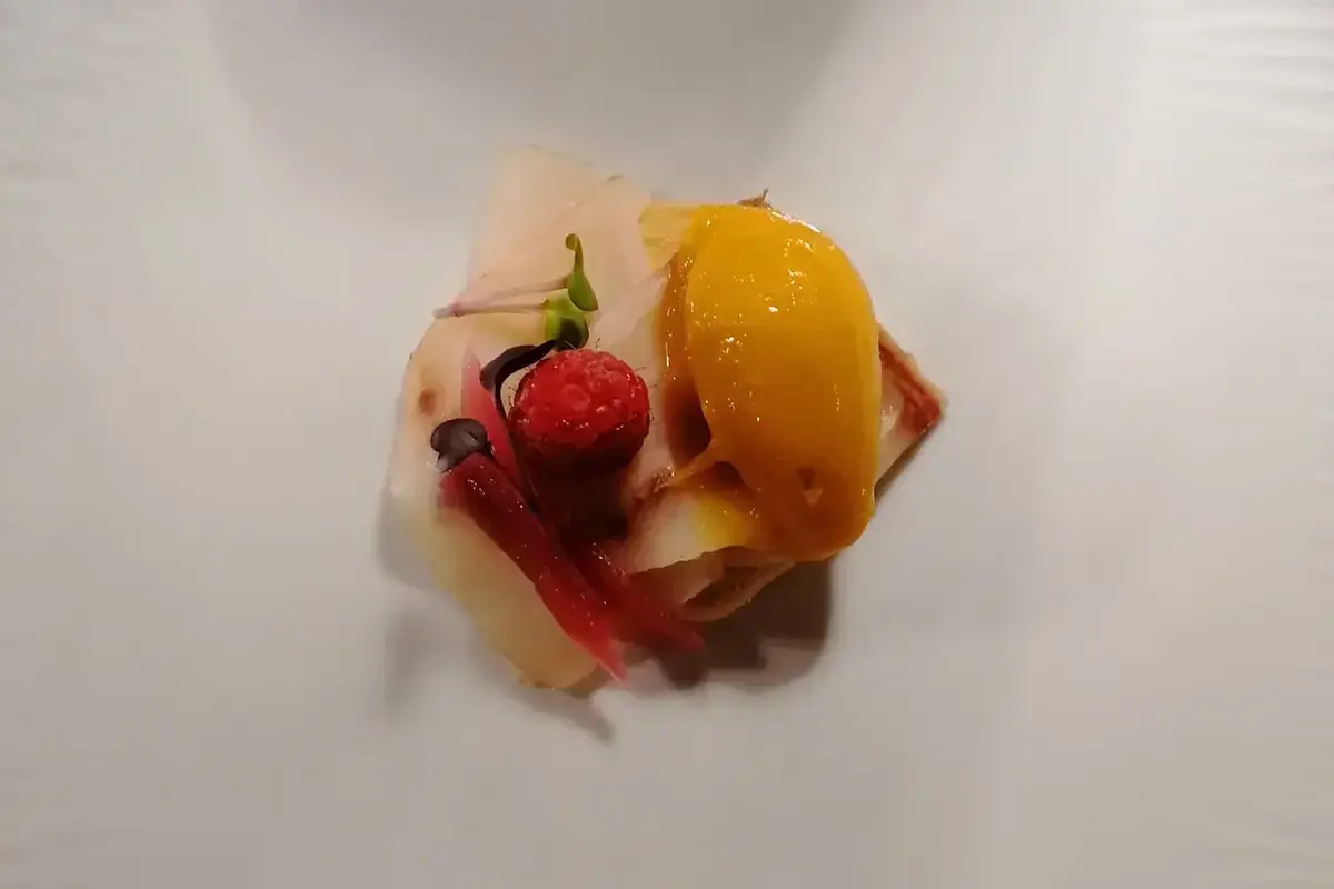 Frollino, semi di finocchio, spada affumicato artigianale, lampone, cipolle in agrodolce, gelato al mango e curry Grand Hotel di Alassio, dove tradizione e innovazione si incontrano davvero