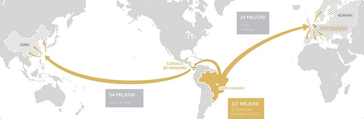 Le esportazioni di soia dal Mato Grosso a Cina ed Europa - foto: ispionline.it (Il futuro del cibo Una prospettiva drammatica)