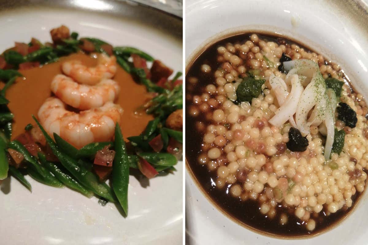 A sinistra le Mazzancolle grigliate; a destra la Fregola aglio, olio, peperoncino e seppia