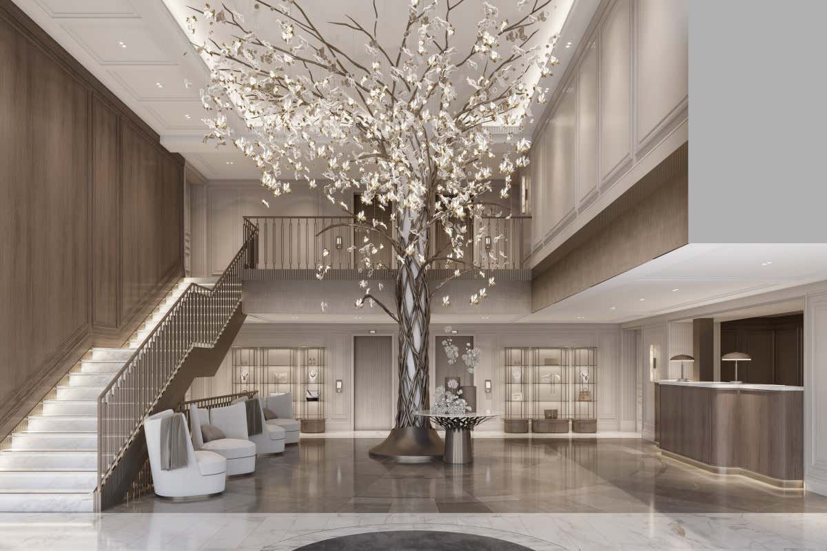 Rendering della hall del Grand Hotel Ampezzo