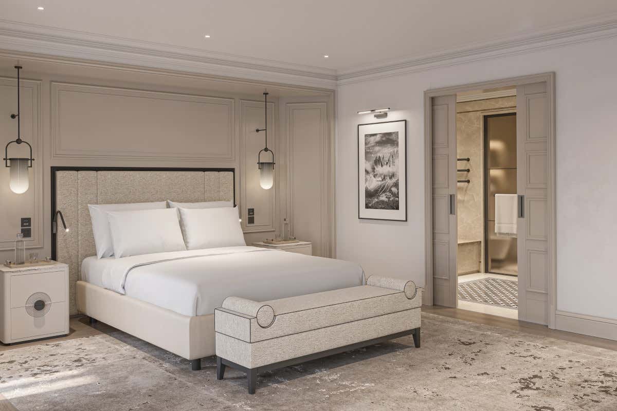 Un rendering di una suite del Grand Hotel Ampezzo