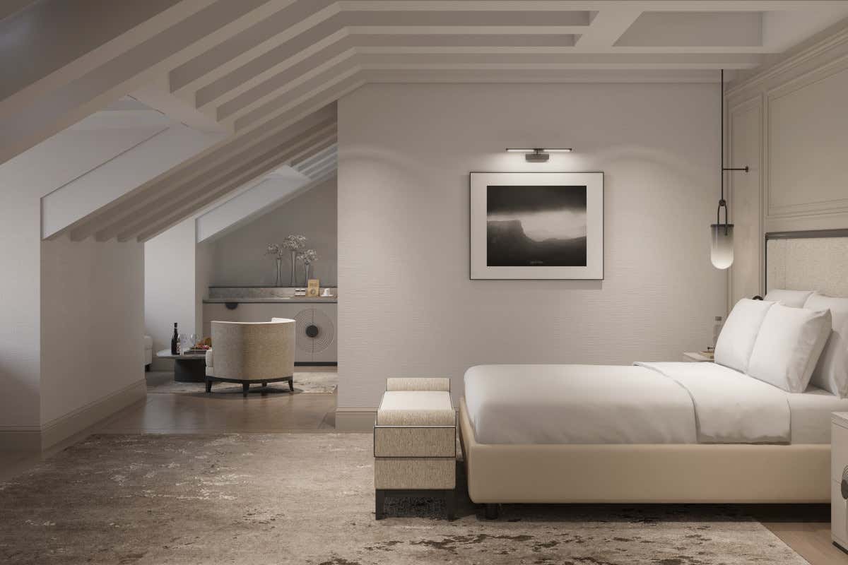 Un rendering di una junior suite del Grand Hotel Ampezzo