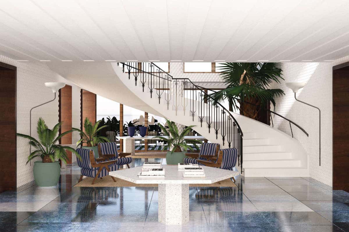 La grande scala, originale degli anni '60, è stata valorizzata nel restyling del Grand Hotel Flora